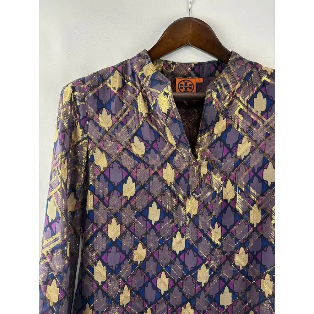 Women’s Tory Burch Size 8 Metallic Multicolor Pattern Blouse